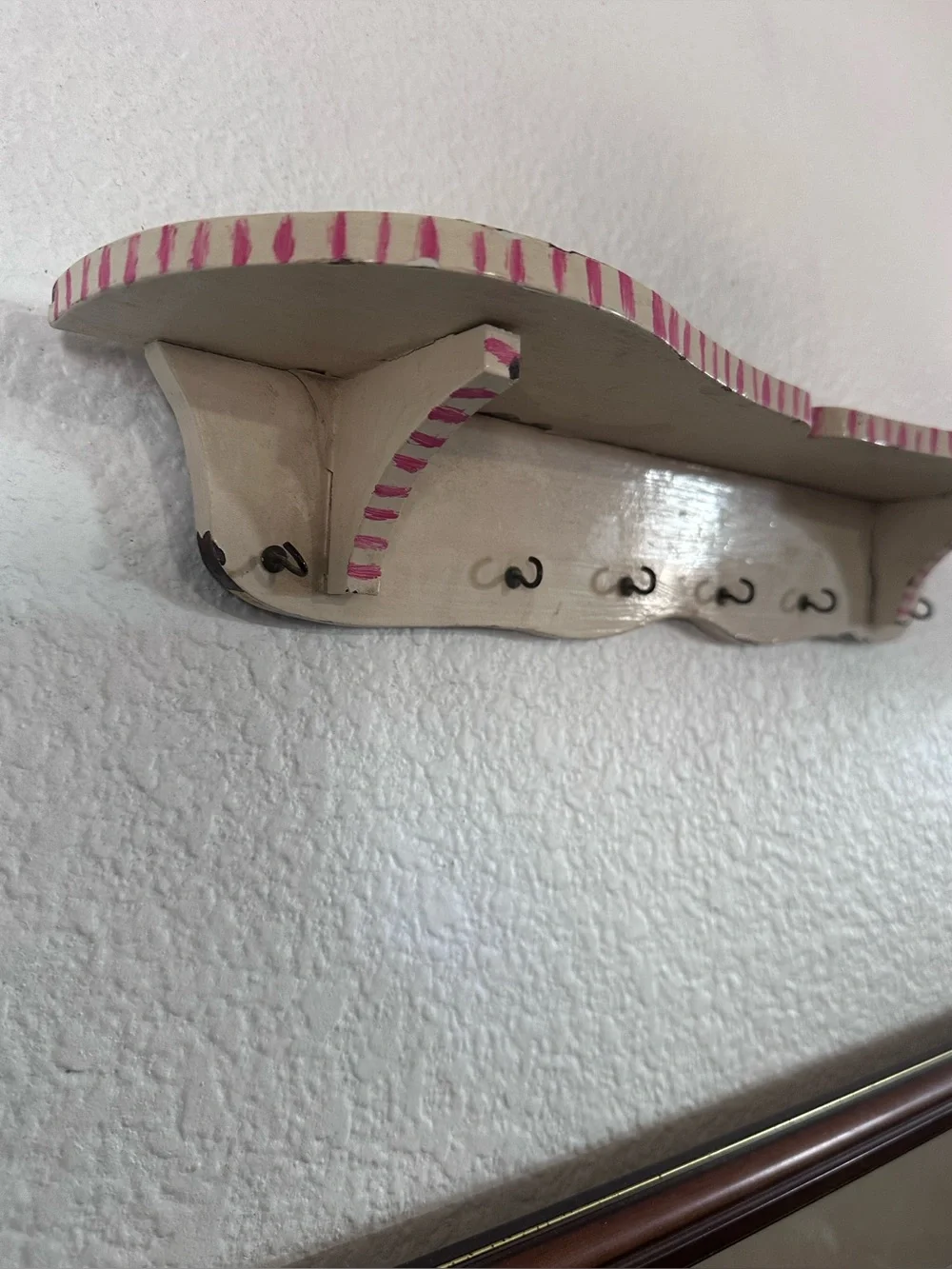 VTG Cream and Pink Chippy Striped Wall Shelf w/Small Hooks. 15